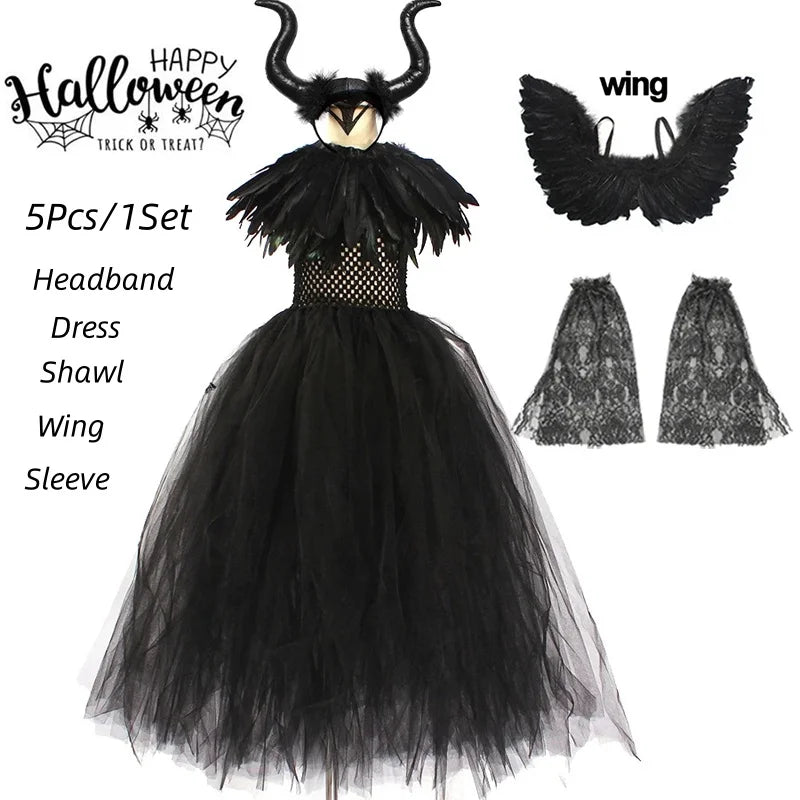 Halloween Costume Maleficent Tutu Dress for Girls Cosplay Evil Queen Black Mesh Princess Dress Kids Crow Wand Maleficent