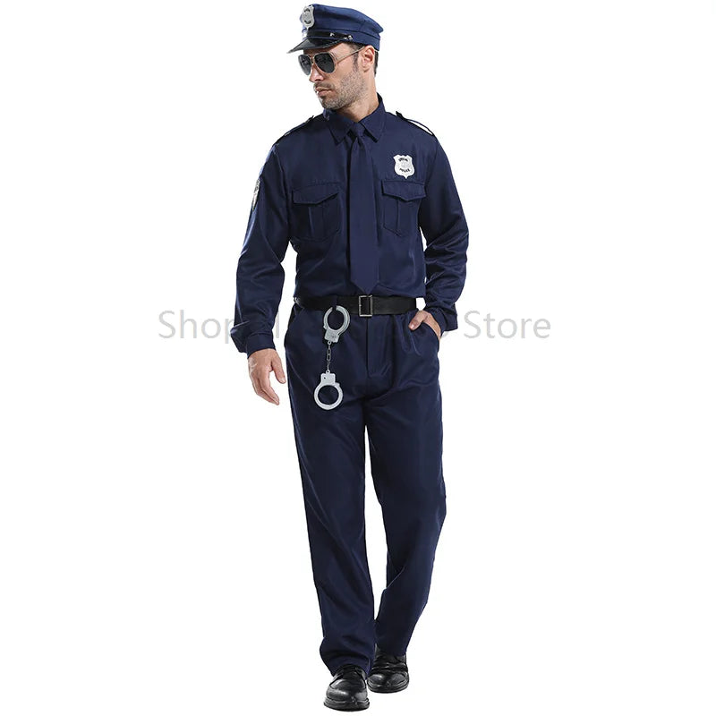 Super Hero Cop Men Costume Dark Blue Police Man Uniform Halloween Fancy Dress up Costume Adult Police Officer Costume