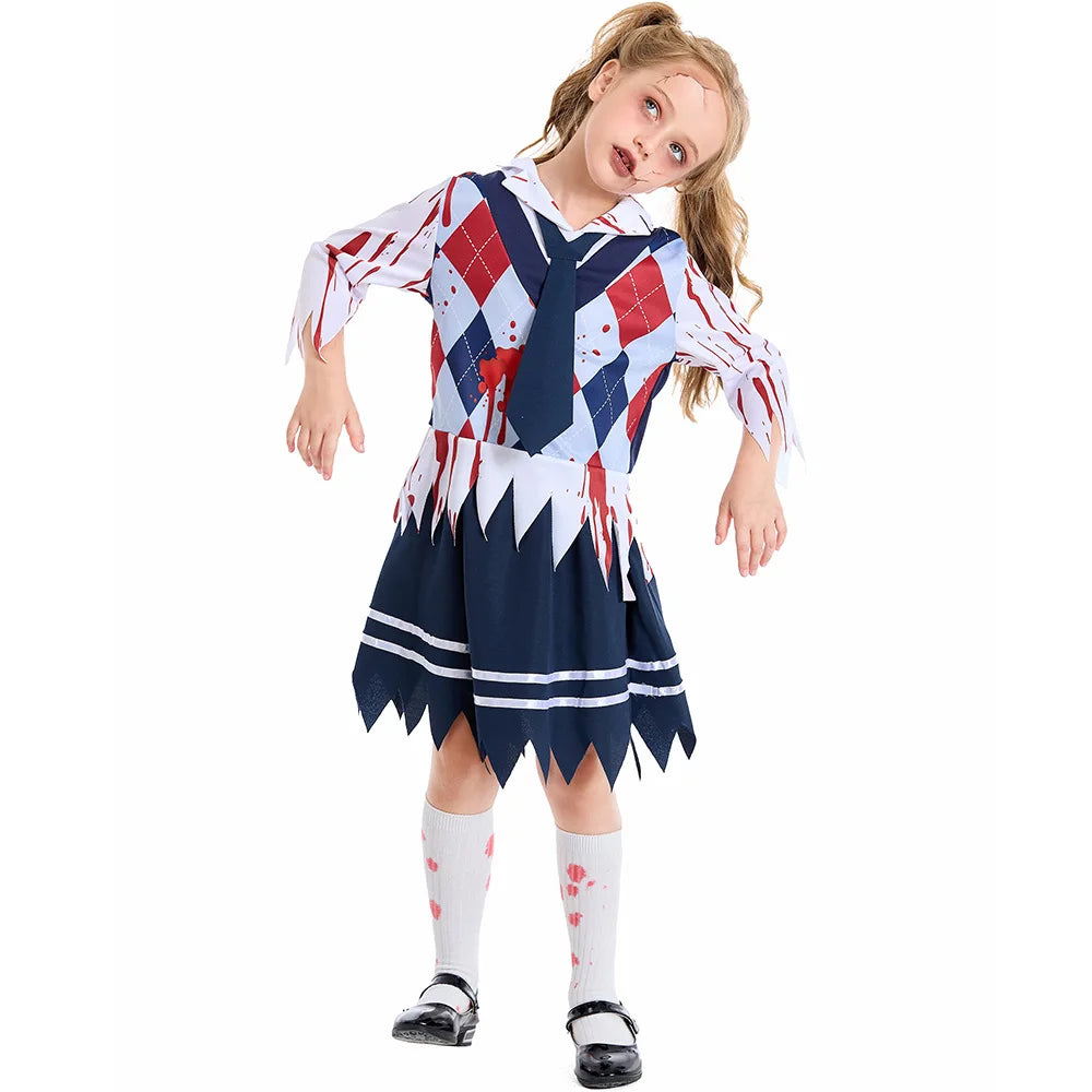 Girls Zombie School Costume Uniform Child Vampire Costume Outfits Scary Halloween Costume for Kids Zombie School Boy Outfits