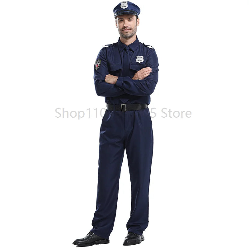 Super Hero Cop Men Costume Dark Blue Police Man Uniform Halloween Fancy Dress up Costume Adult Police Officer Costume