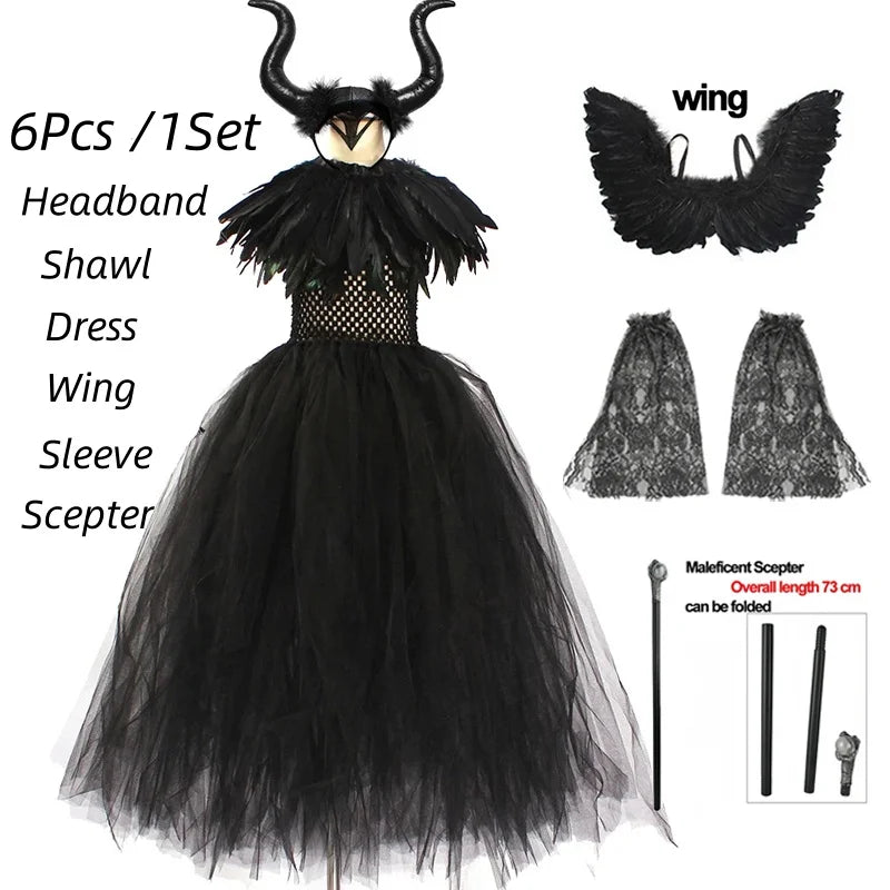 Halloween Costume Maleficent Tutu Dress for Girls Cosplay Evil Queen Black Mesh Princess Dress Kids Crow Wand Maleficent