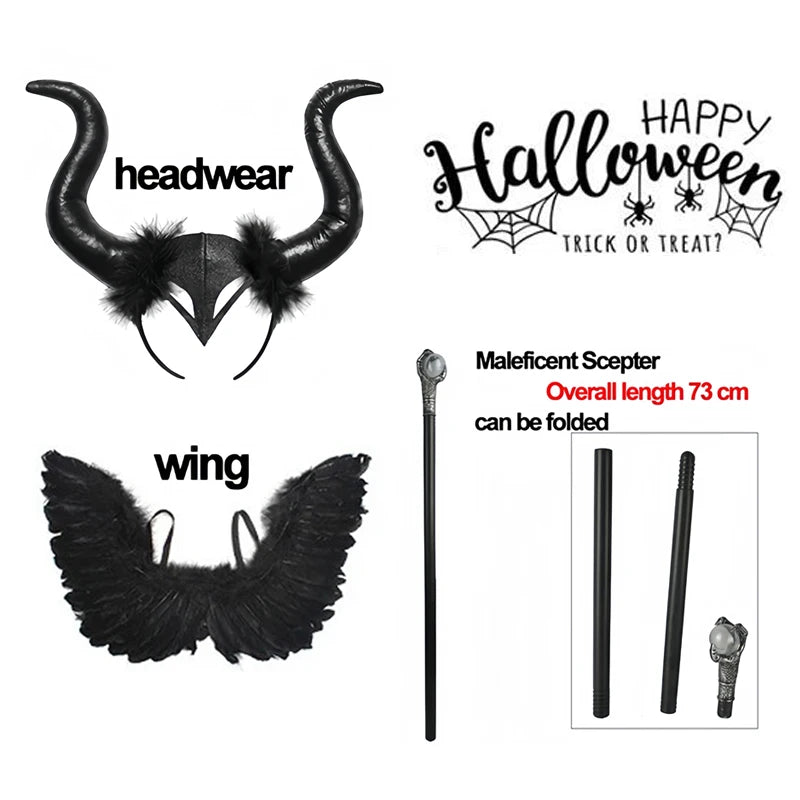 Halloween Costume Maleficent Tutu Dress for Girls Cosplay Evil Queen Black Mesh Princess Dress Kids Crow Wand Maleficent