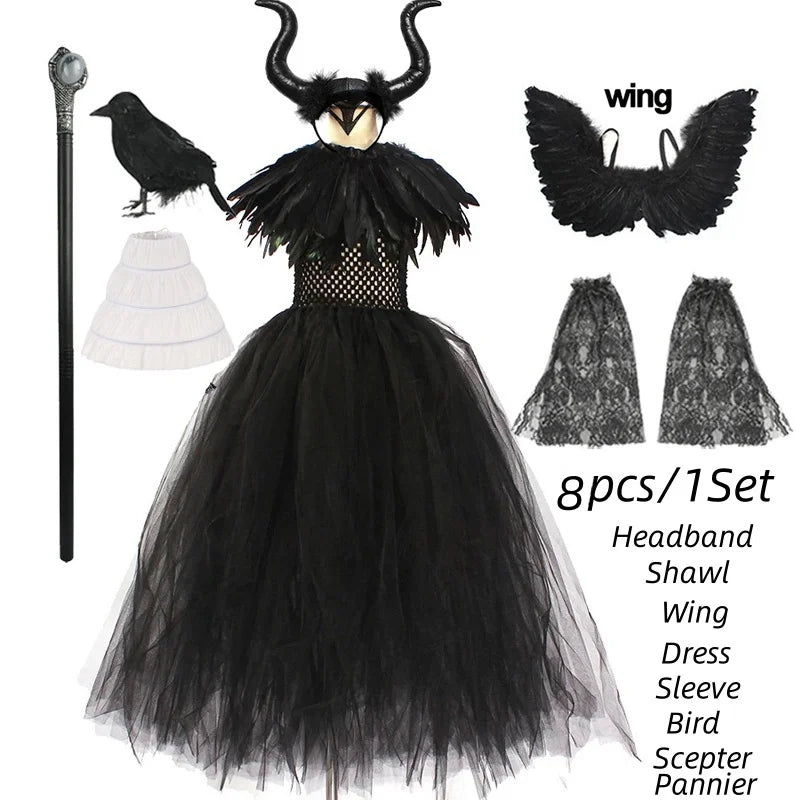 Halloween Costume Maleficent Tutu Dress for Girls Cosplay Evil Queen Black Mesh Princess Dress Kids Crow Wand Maleficent