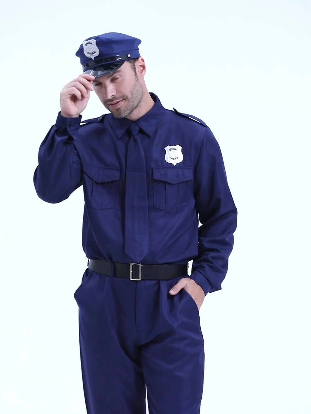 Super Hero Cop Men Costume Dark Blue Police Man Uniform Halloween Fancy Dress up Costume Adult Police Officer Costume