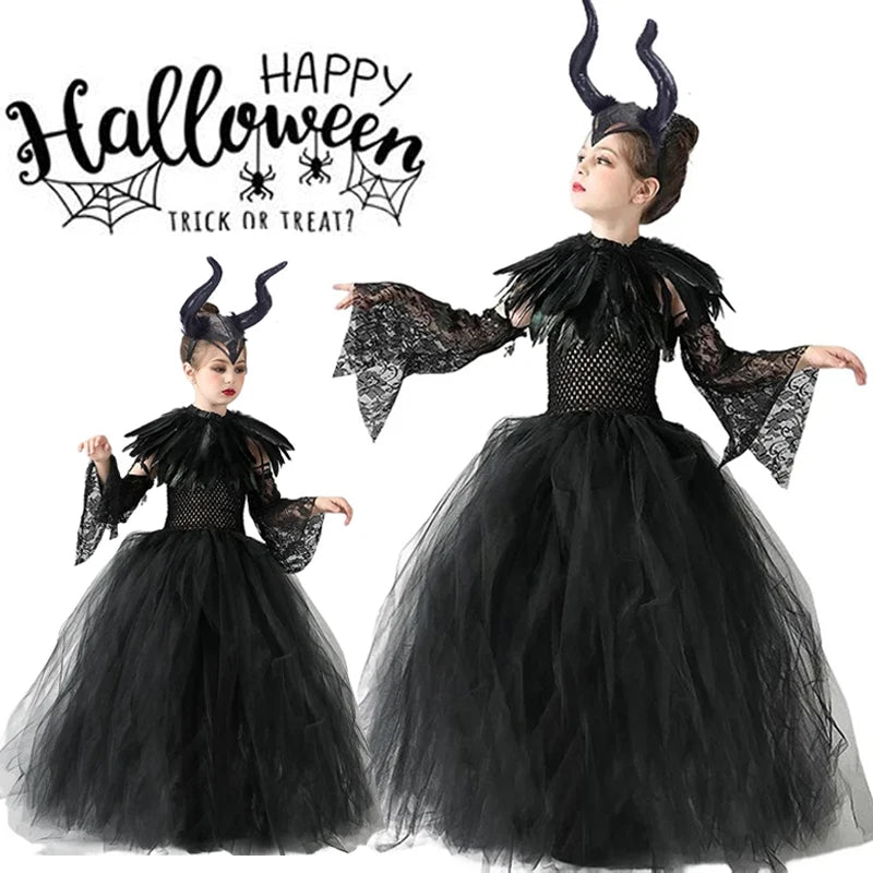 Halloween Costume Maleficent Tutu Dress for Girls Cosplay Evil Queen Black Mesh Princess Dress Kids Crow Wand Maleficent