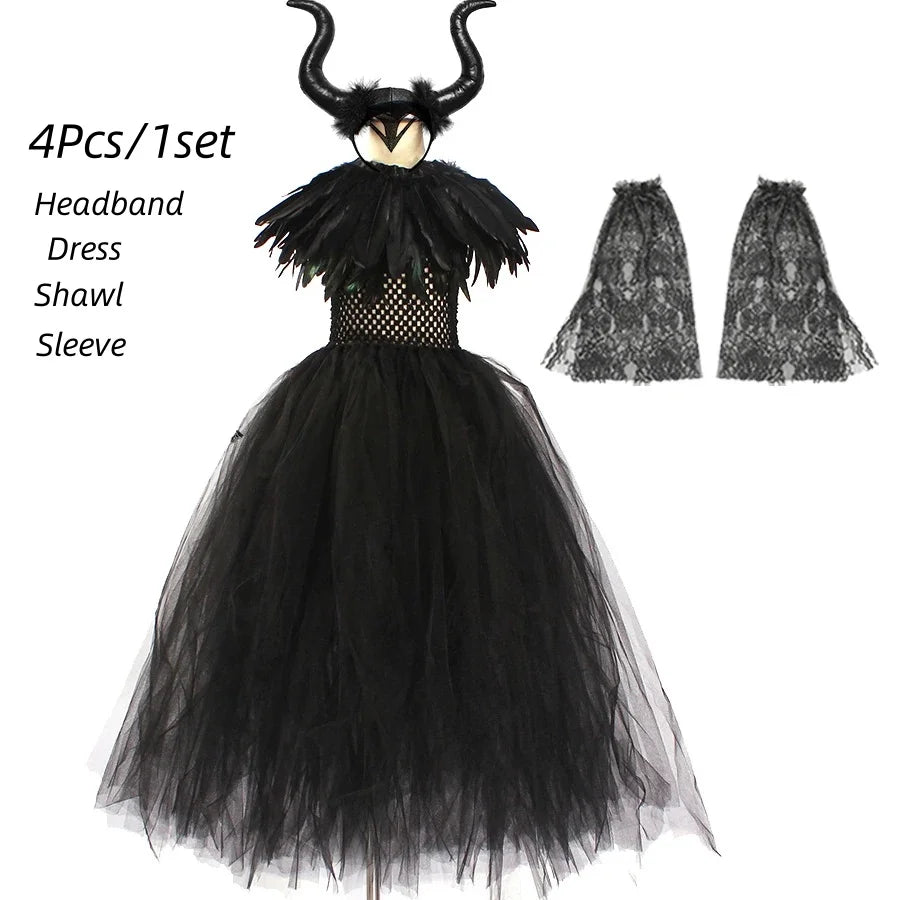 Halloween Costume Maleficent Tutu Dress for Girls Cosplay Evil Queen Black Mesh Princess Dress Kids Crow Wand Maleficent