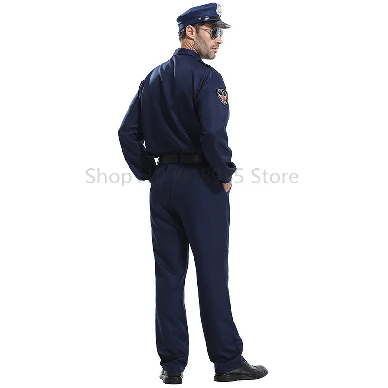 Super Hero Cop Men Costume Dark Blue Police Man Uniform Halloween Fancy Dress up Costume Adult Police Officer Costume