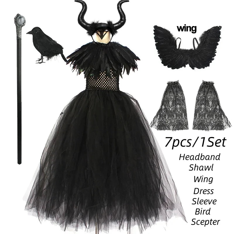 Halloween Costume Maleficent Tutu Dress for Girls Cosplay Evil Queen Black Mesh Princess Dress Kids Crow Wand Maleficent