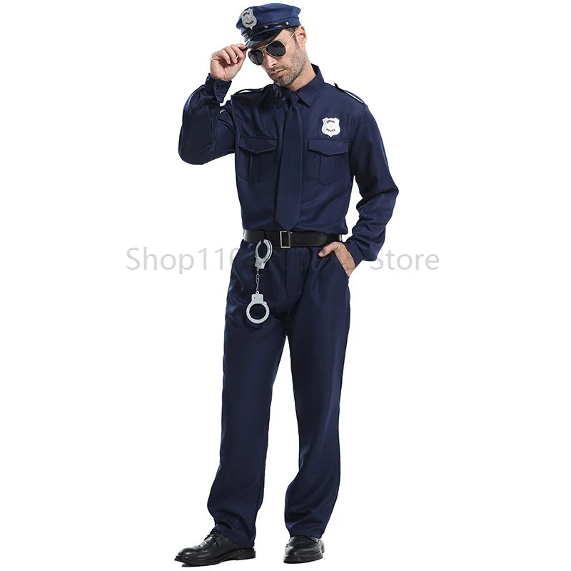 Super Hero Cop Men Costume Dark Blue Police Man Uniform Halloween Fancy Dress up Costume Adult Police Officer Costume