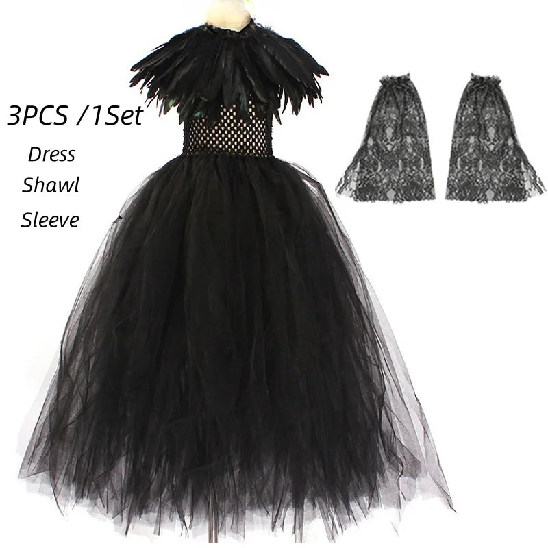Halloween Costume Maleficent Tutu Dress for Girls Cosplay Evil Queen Black Mesh Princess Dress Kids Crow Wand Maleficent